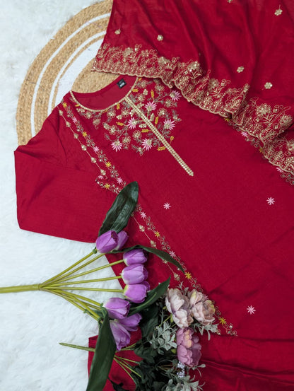 Wine Pure Vichitra Silk Kurta Set with Sequin Work &amp; Dupatta