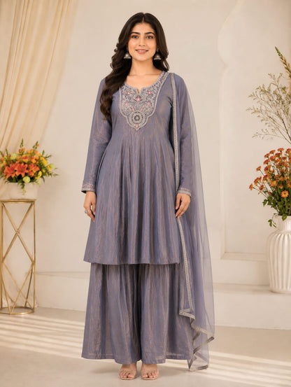 Grey Fandy Silk Sarara Set with Embroidery and Dupatta for Women