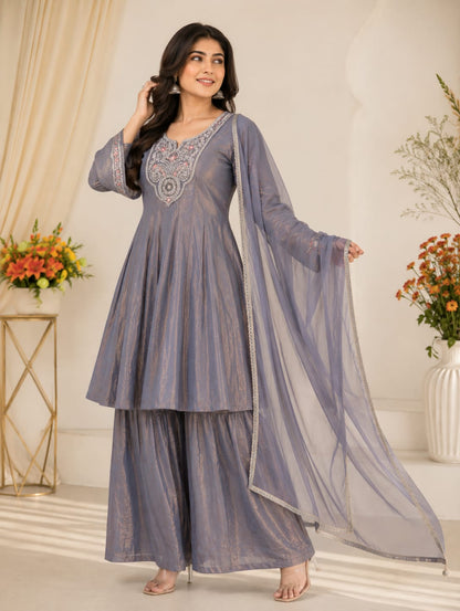 Grey Fandy Silk Sarara Set with Embroidery and Dupatta for Women