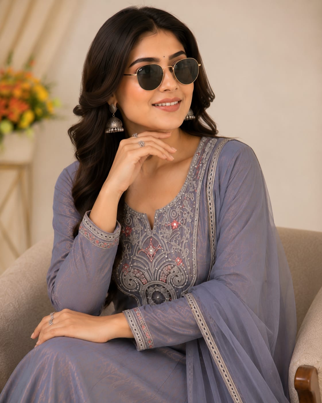 Grey Fandy Silk Sarara Set with Embroidery and Dupatta for Women