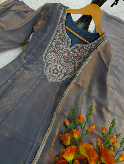Grey Fandy Silk Sarara Set with Embroidery and Dupatta for Women