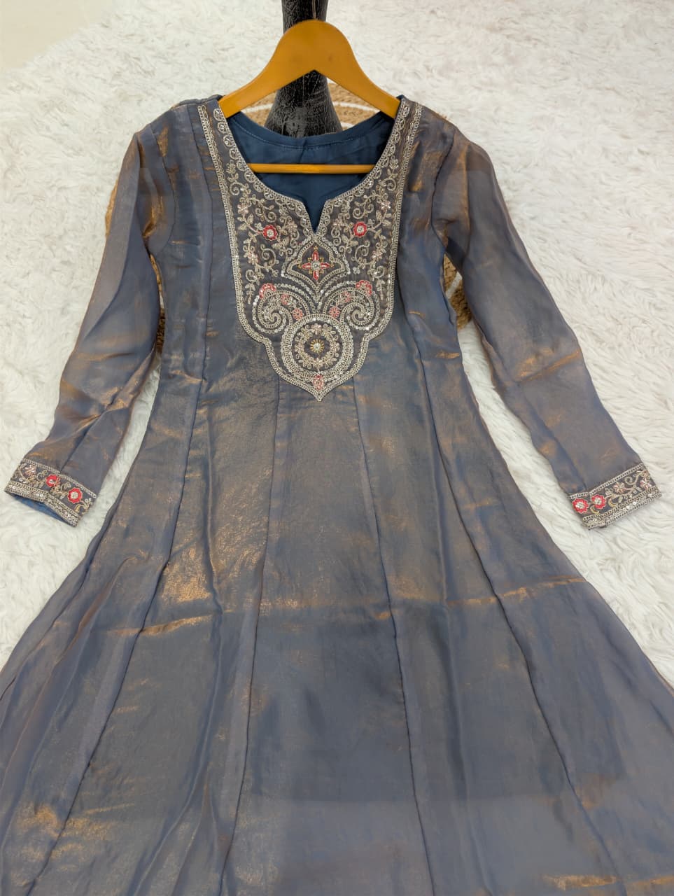 Grey Fandy Silk Sarara Set with Embroidery and Dupatta for Women