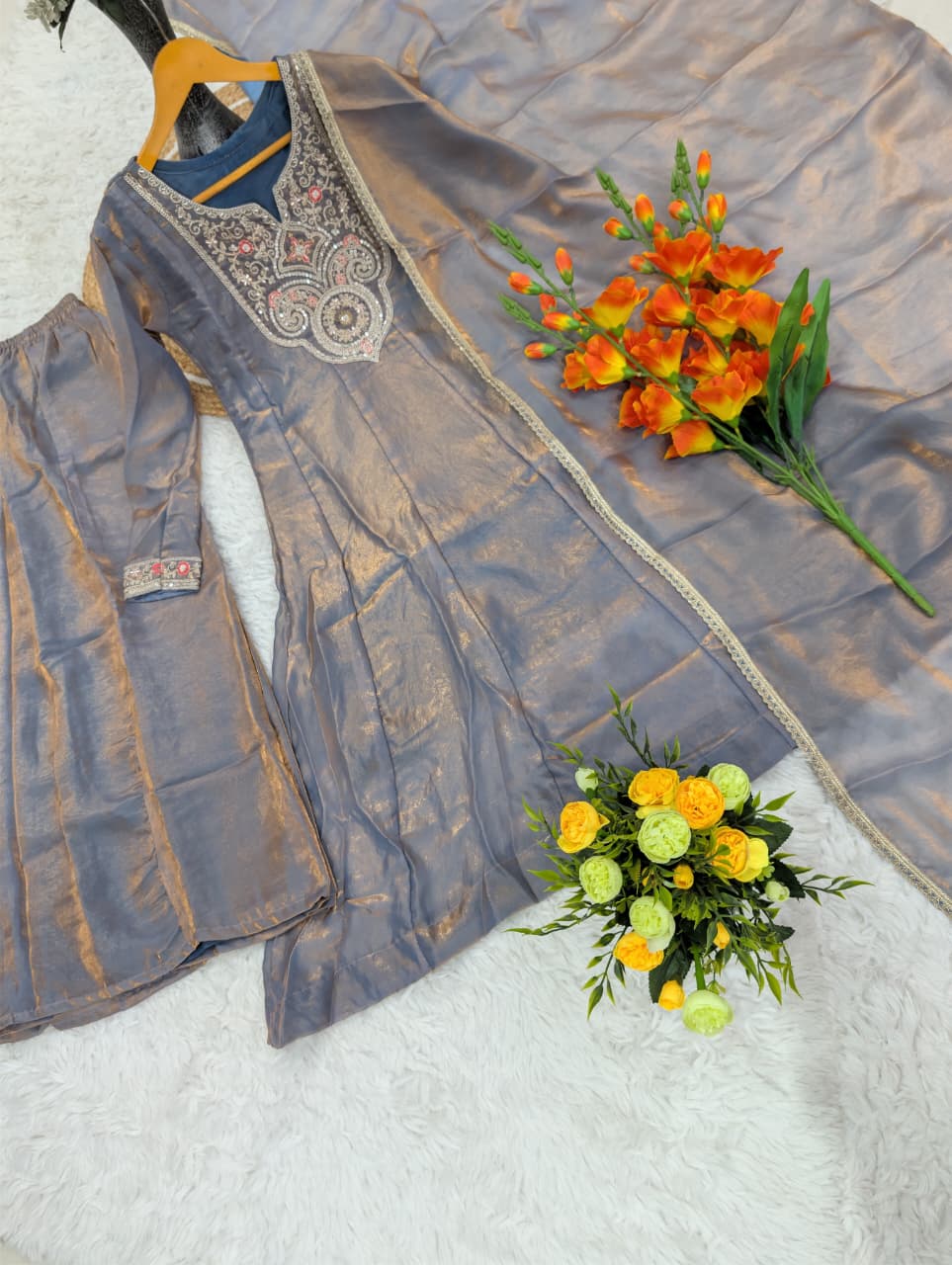 Grey Fandy Silk Sarara Set with Embroidery and Dupatta for Women