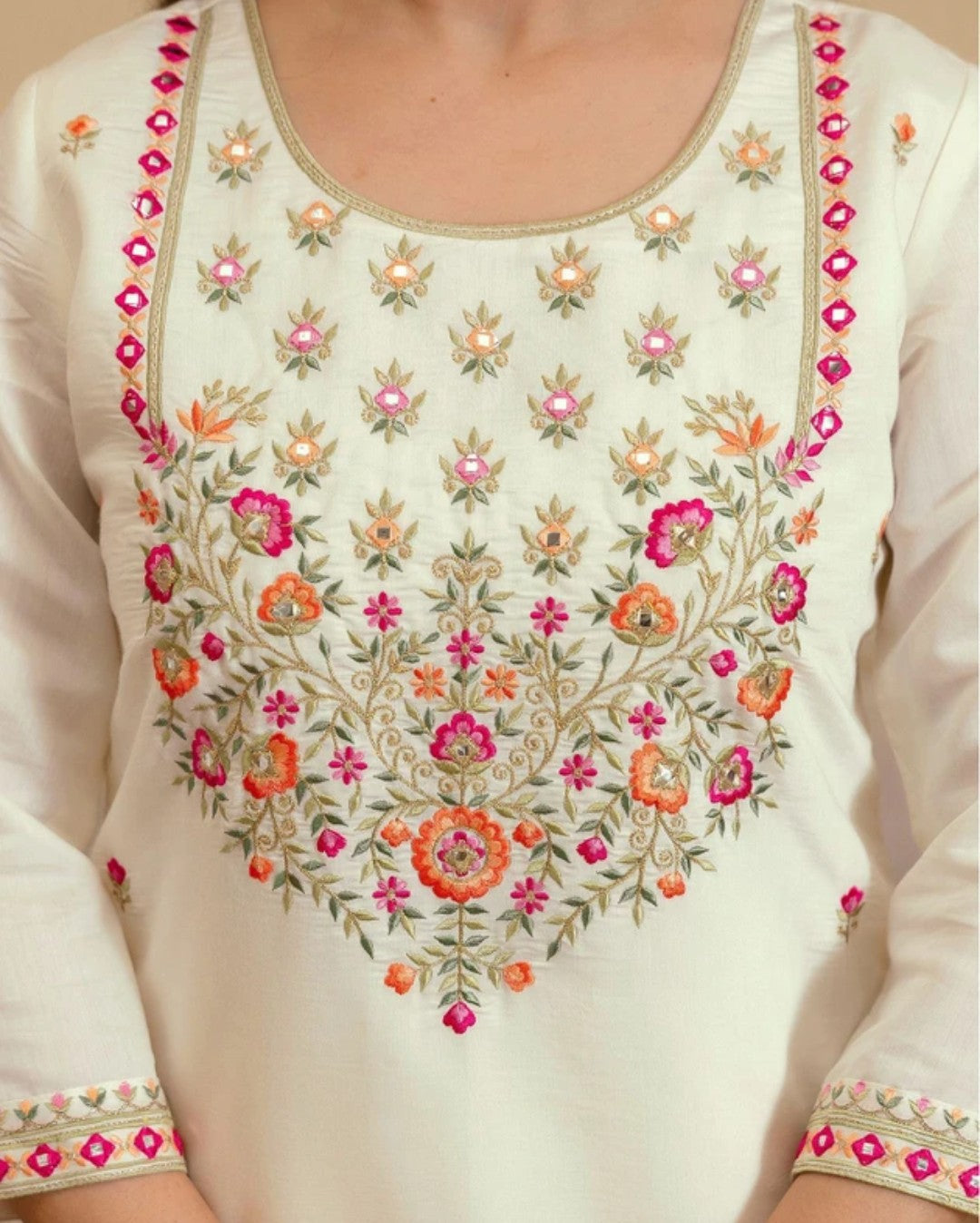 White Chanderi Kurta Set with Floral Embroidery and Dupatta 2