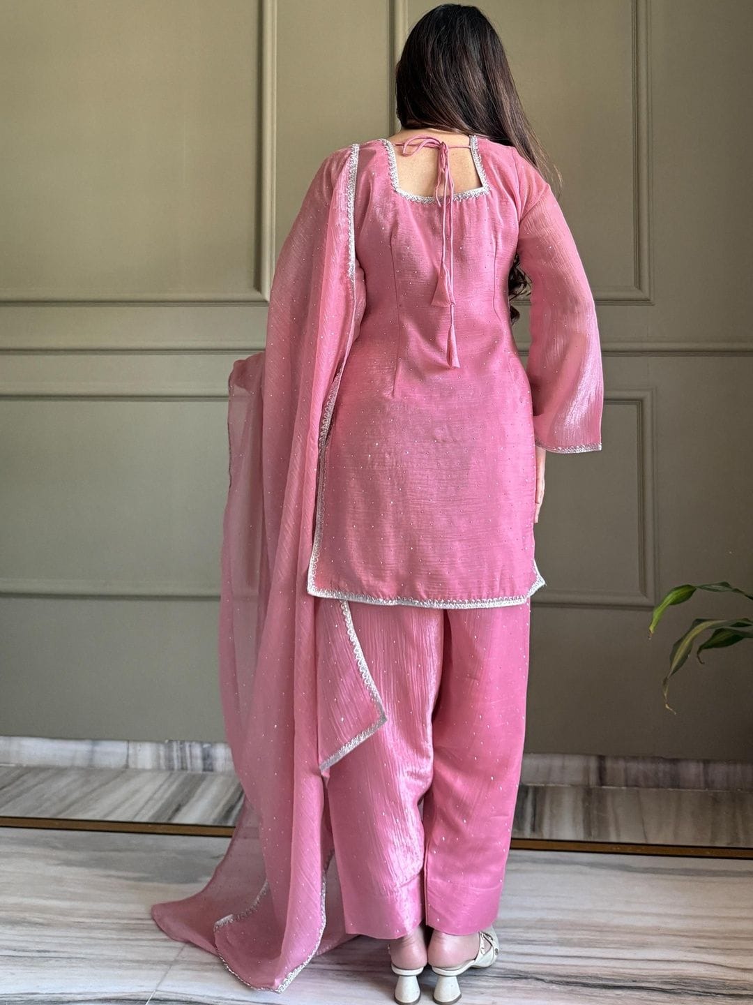 Pink Crunchy Silk Kurta Pant Set with Diamond Work, Dupatta for Women