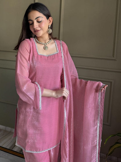 Pink Crunchy Silk Kurta Pant Set with Diamond Work, Dupatta for Women
