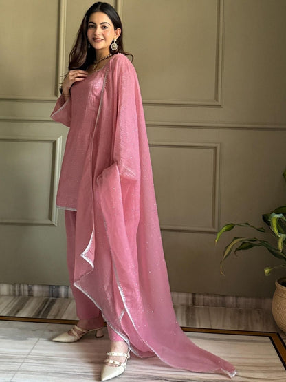 Pink Crunchy Silk Kurta Pant Set with Diamond Work, Dupatta for Women
