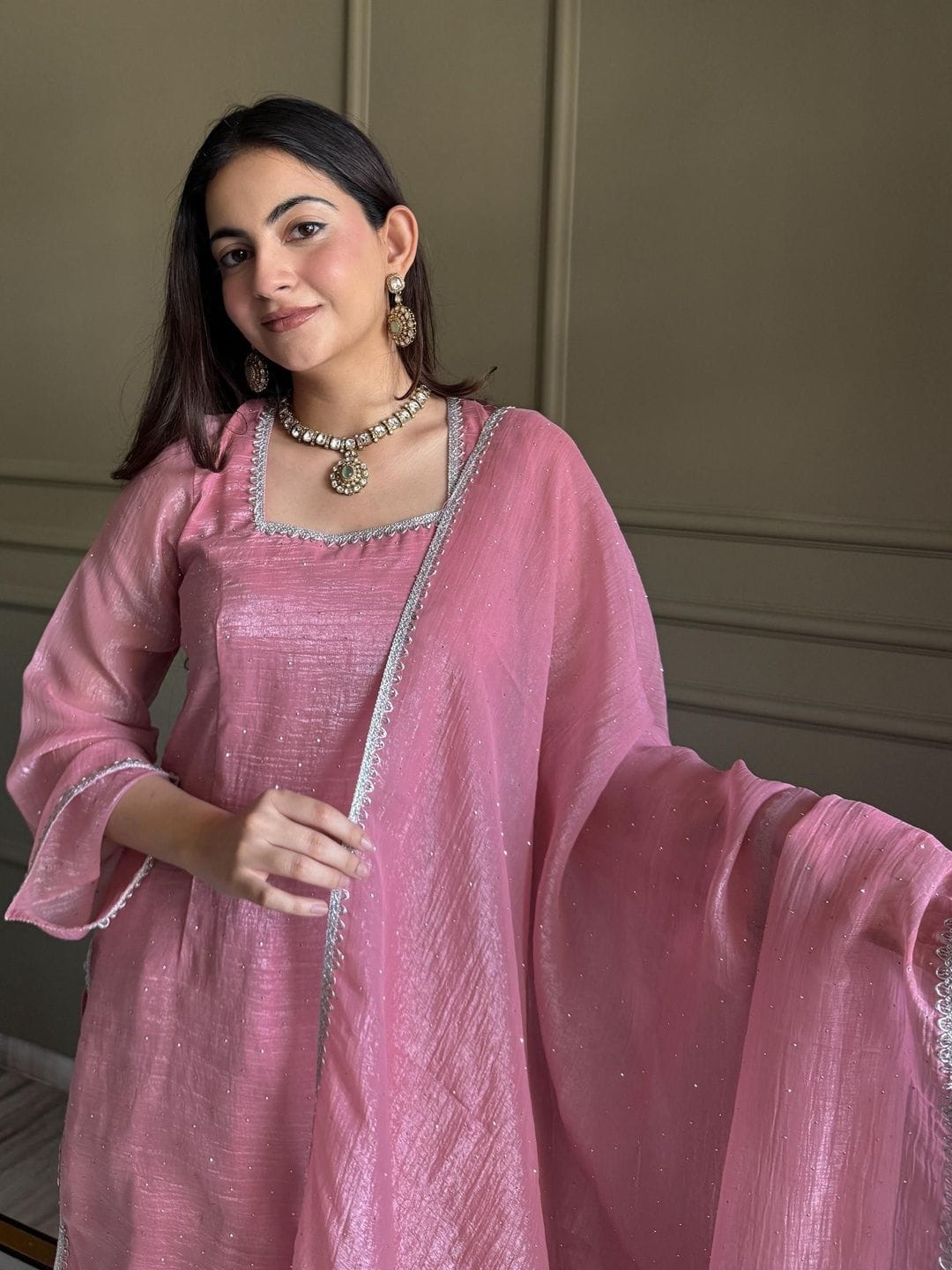 Pink Crunchy Silk Kurta Pant Set with Diamond Work, Dupatta for Women