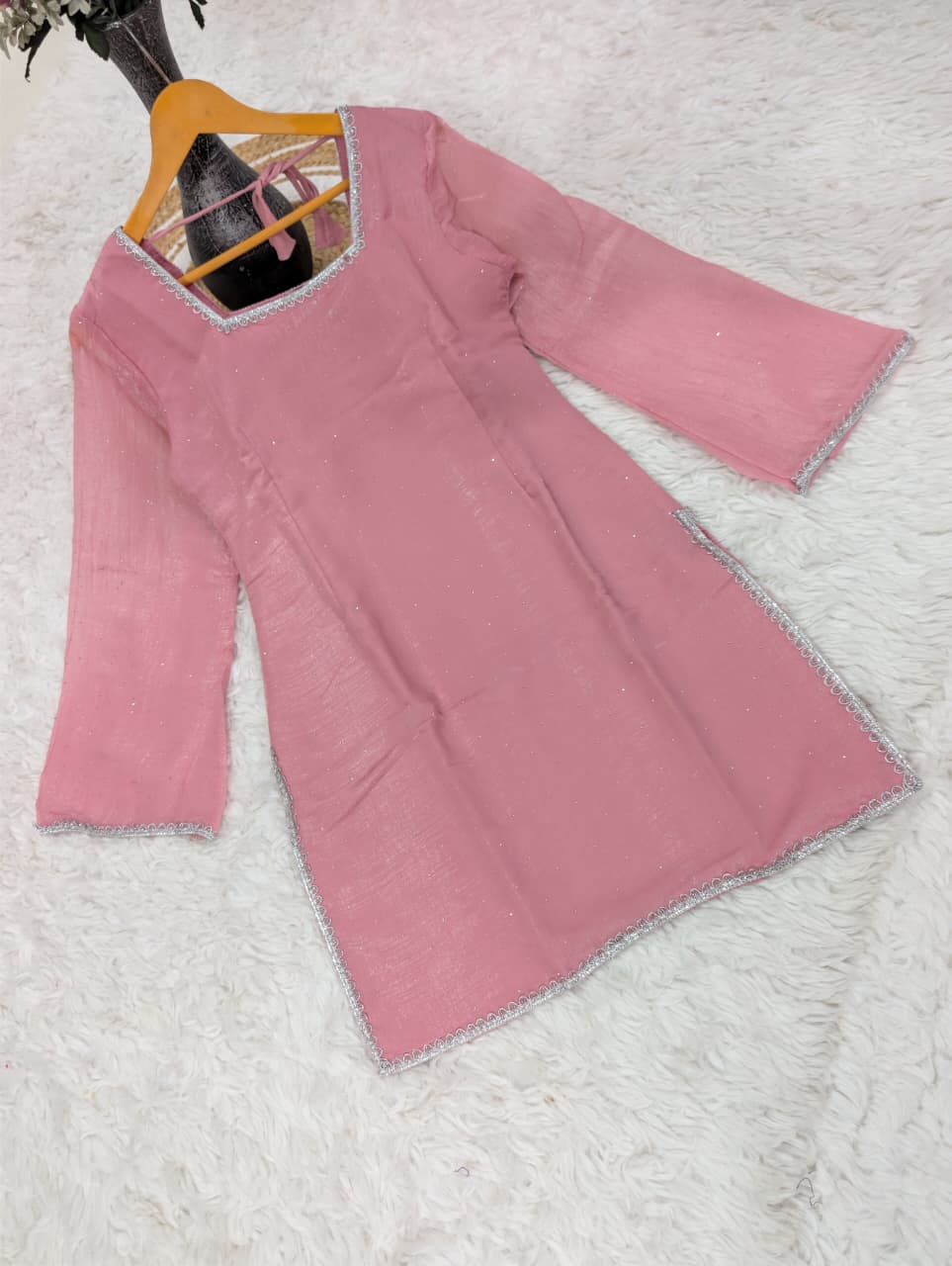 Pink Crunchy Silk Kurta Pant Set with Diamond Work, Dupatta for Women