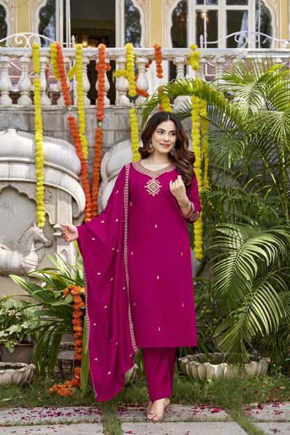 Magenta Viscose Chanderi Kurta Set with Embroidered Dupatta for Women