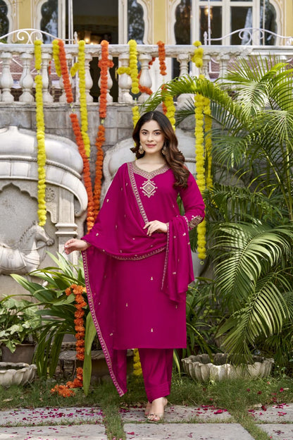 Magenta Viscose Chanderi Kurta Set with Embroidered Dupatta for Women
