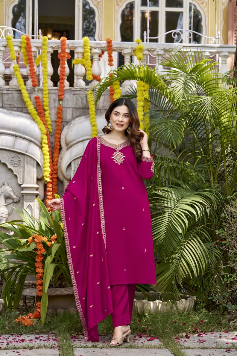 Magenta Viscose Chanderi Kurta Set with Embroidered Dupatta for Women