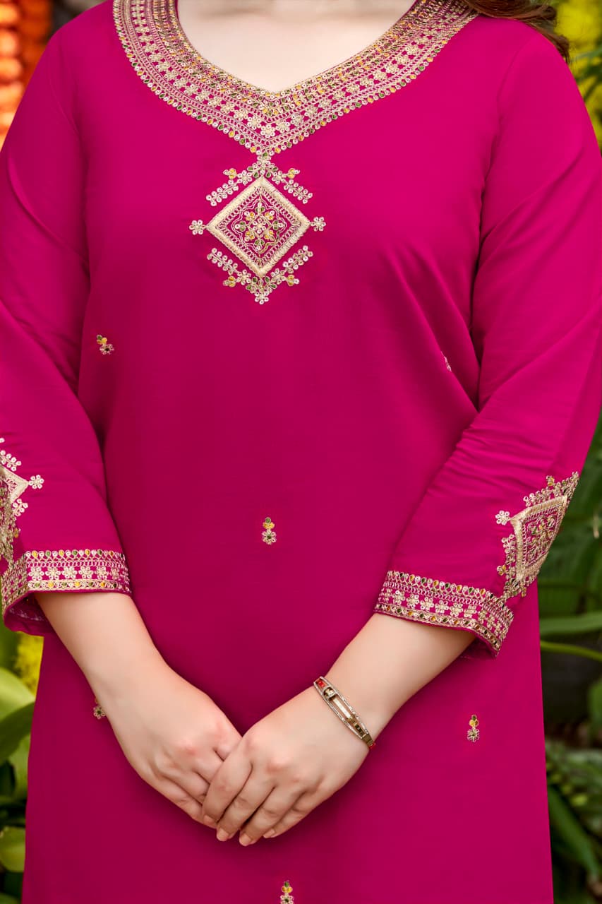 Magenta Viscose Chanderi Kurta Set with Embroidered Dupatta for Women
