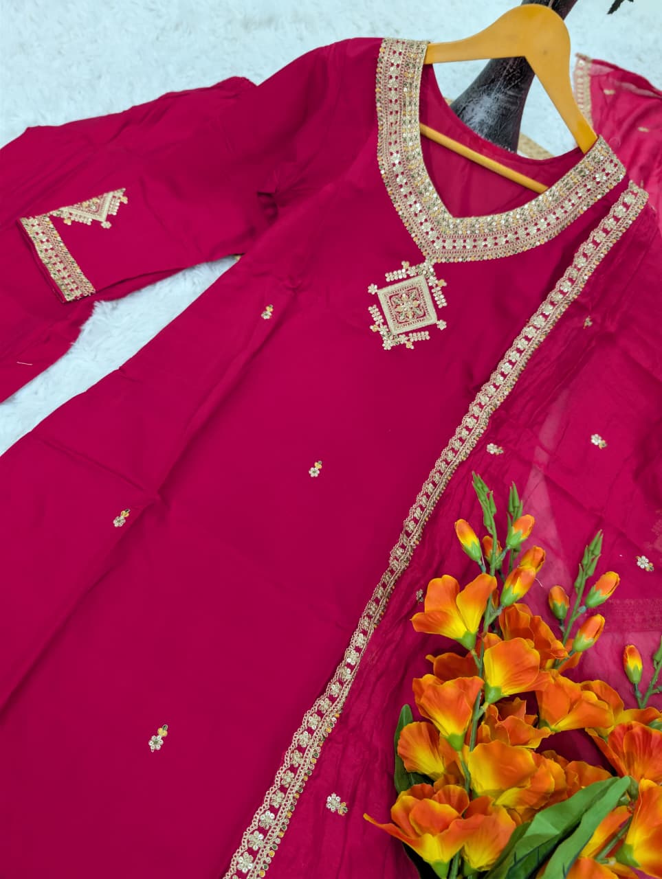 Magenta Viscose Chanderi Kurta Set with Embroidered Dupatta for Women