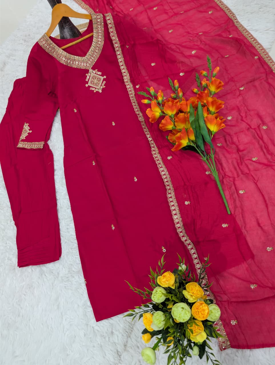 Magenta Viscose Chanderi Kurta Set with Embroidered Dupatta for Women