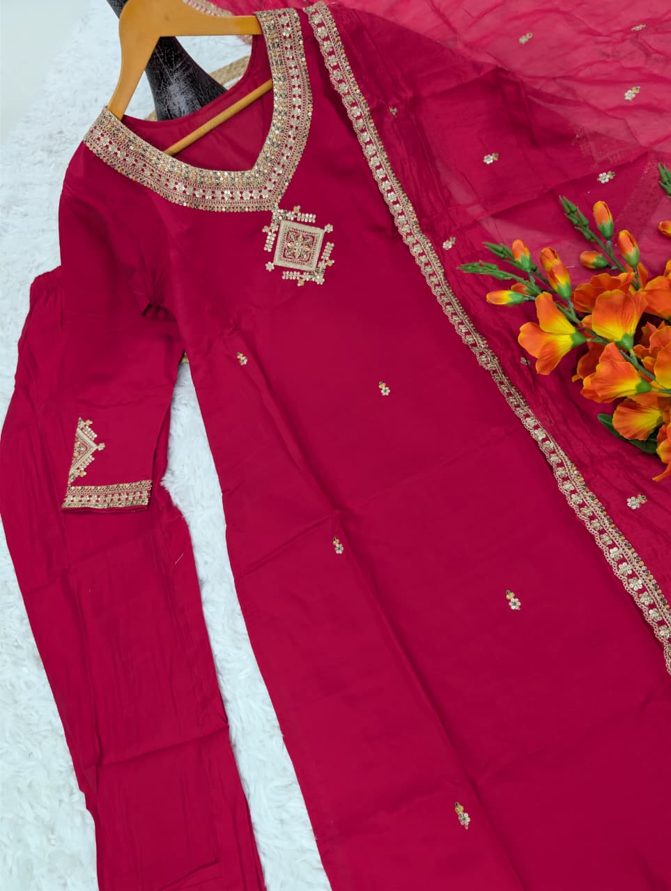 Magenta Viscose Chanderi Kurta Set with Embroidered Dupatta for Women
