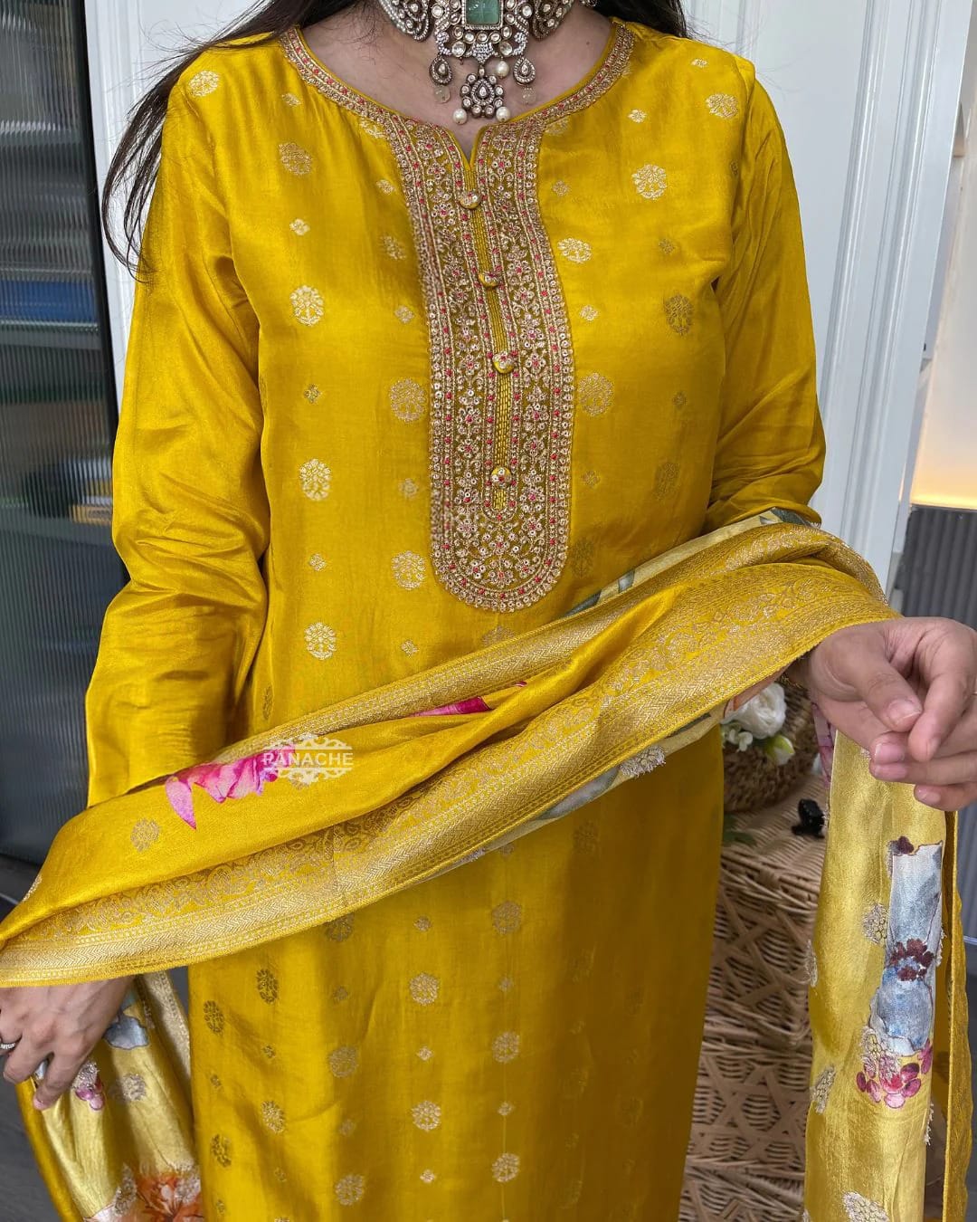 Mustard Yellow Jacquard Kurta Set with Embroidery &amp; Dupatta for Women