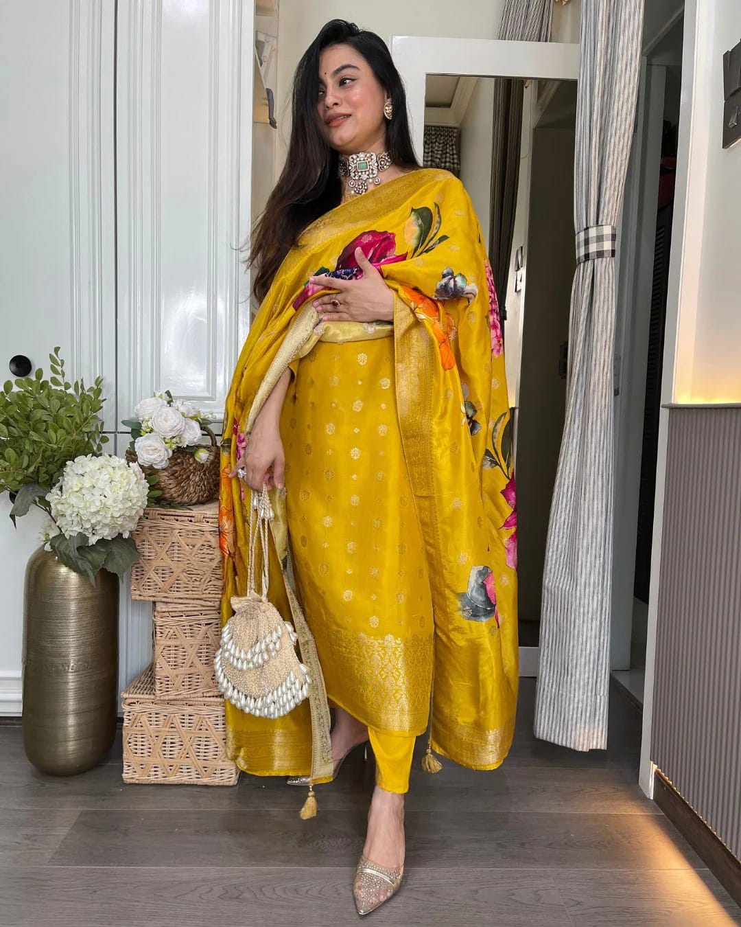 Mustard Yellow Jacquard Kurta Set with Embroidery &amp; Dupatta for Women