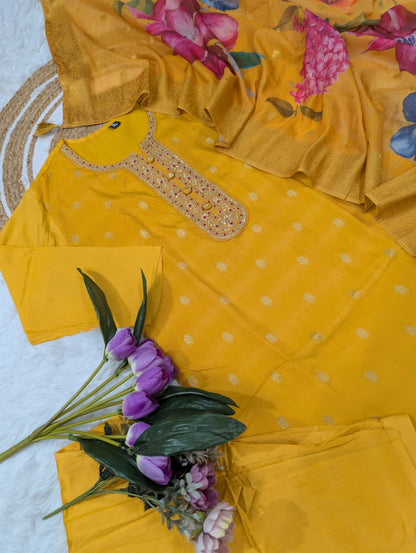 Mustard Yellow Jacquard Kurta Set with Embroidery &amp; Dupatta for Women