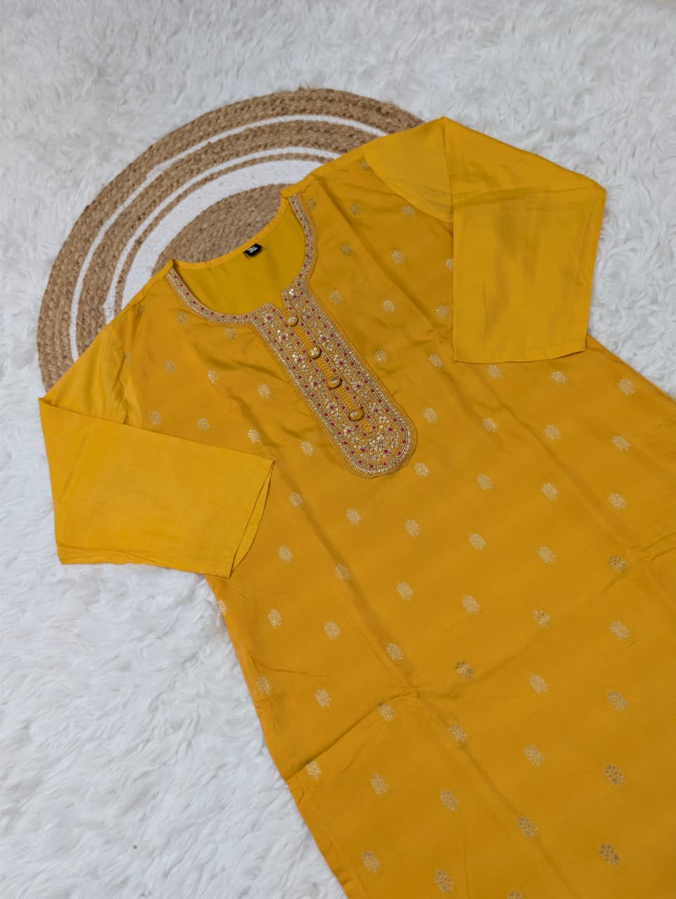 Mustard Yellow Jacquard Kurta Set with Embroidery &amp; Dupatta for Women