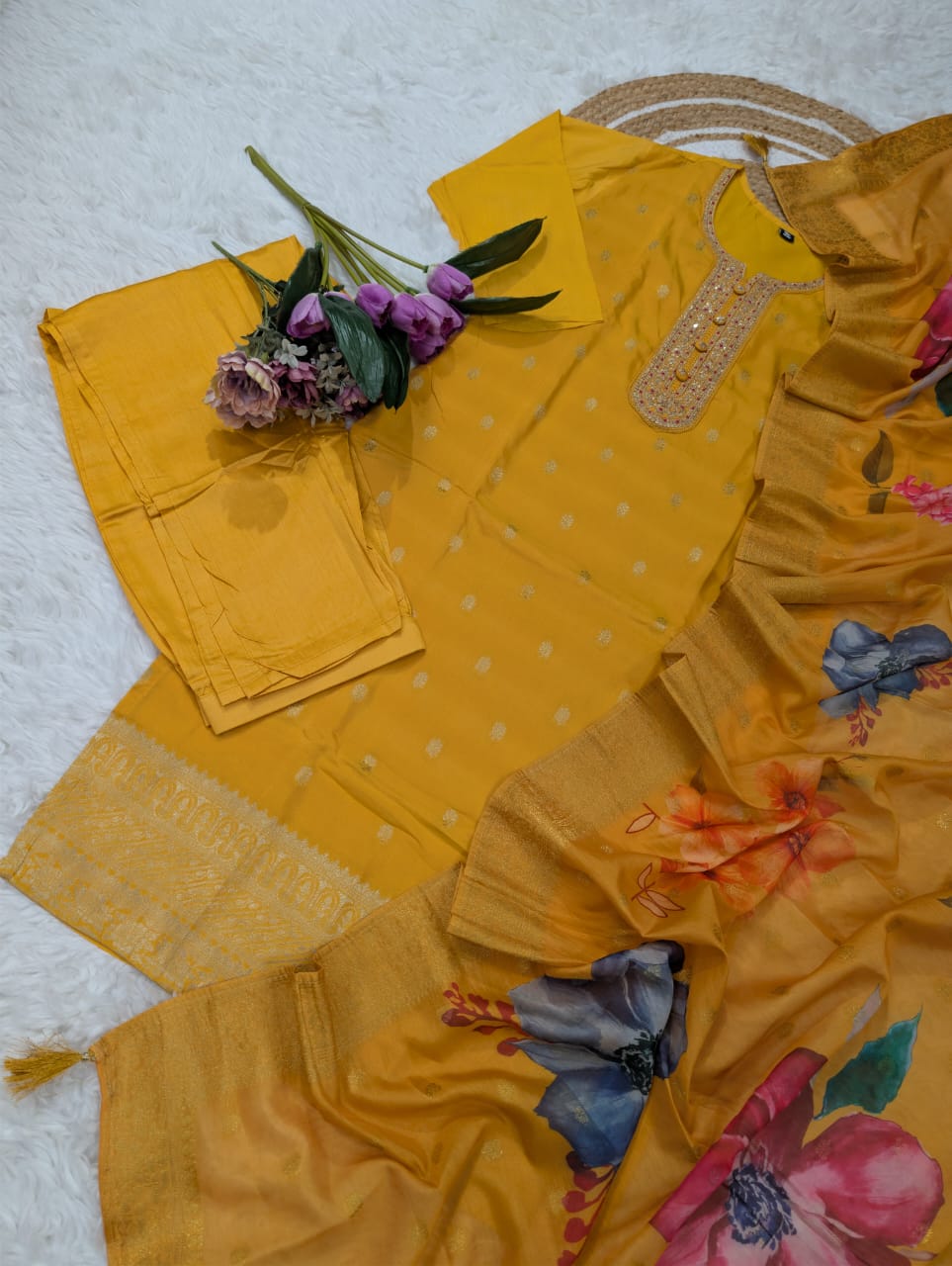 Mustard Yellow Jacquard Kurta Set with Embroidery &amp; Dupatta for Women
