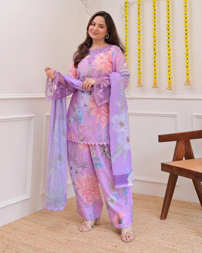 Lavender Georgette Kurti Pant Set with Embroidery &amp; Dupatta for Women