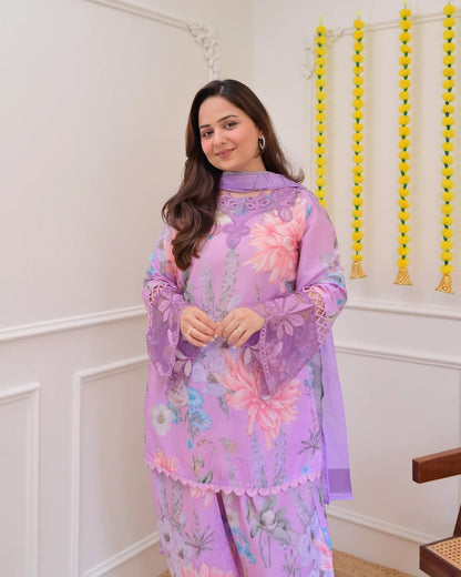 Lavender Georgette Kurti Pant Set with Embroidery &amp; Dupatta for Women