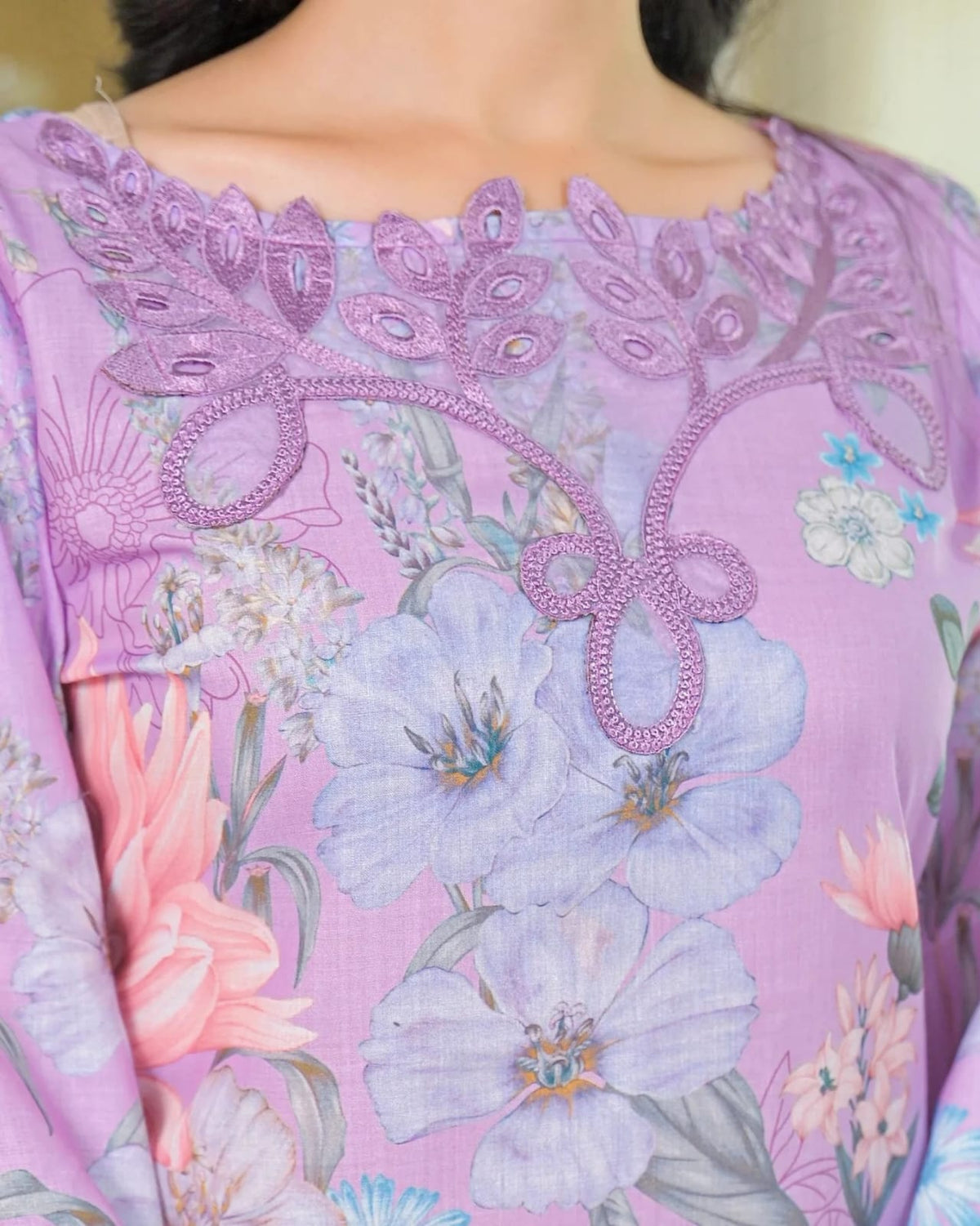 Lavender Georgette Kurti Pant Set with Embroidery &amp; Dupatta for Women