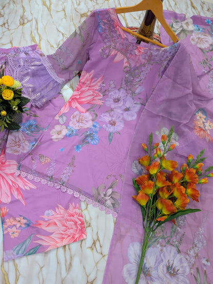 Lavender Georgette Kurti Pant Set with Embroidery &amp; Dupatta for Women