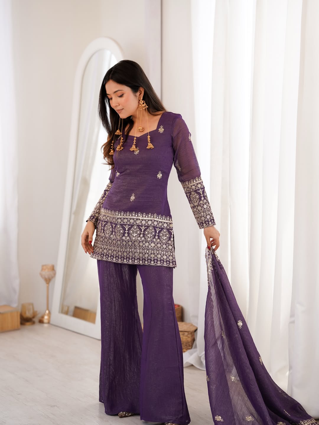 Purple Crunchy Silk Sarara Set with Cording Embroidery Work for Women
