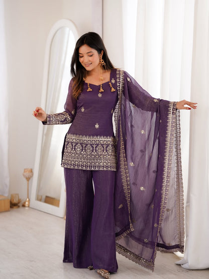 Purple Crunchy Silk Sarara Set with Cording Embroidery Work for Women