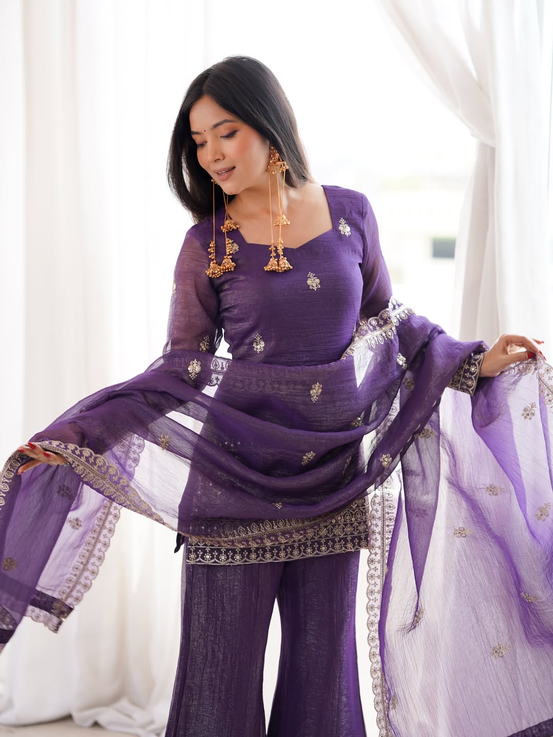 Purple Crunchy Silk Sarara Set with Cording Embroidery Work for Women