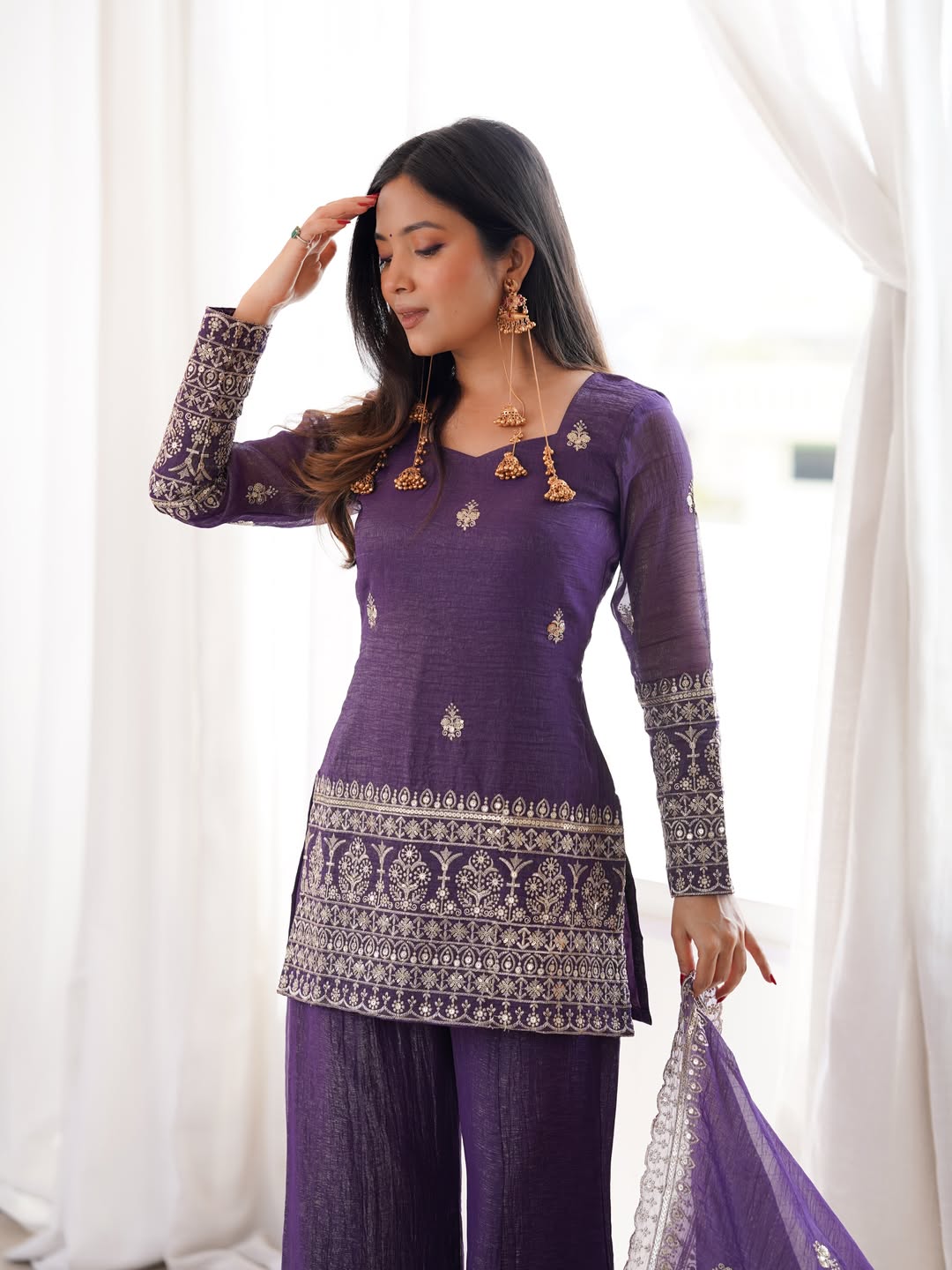 Purple Crunchy Silk Sarara Set with Cording Embroidery Work for Women