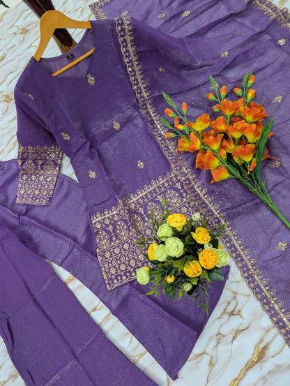 Purple Crunchy Silk Sarara Set with Cording Embroidery Work for Women