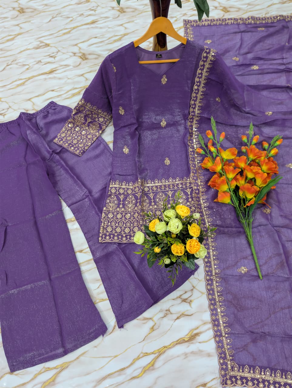 Purple Crunchy Silk Sarara Set with Cording Embroidery Work for Women