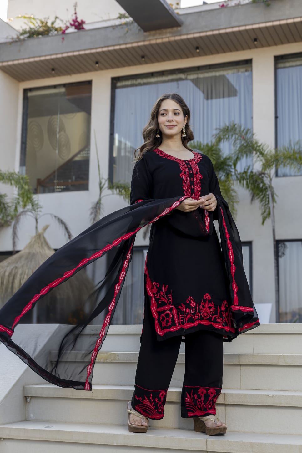 Black Georgette Kurta Set with Heavy Embroidery and Dupatta for Women