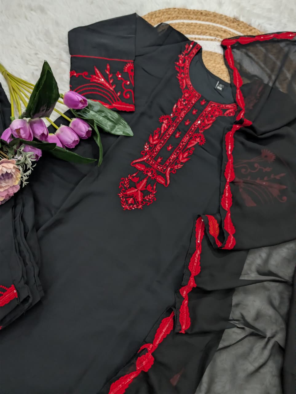 Black Georgette Kurta Set with Heavy Embroidery and Dupatta for Women