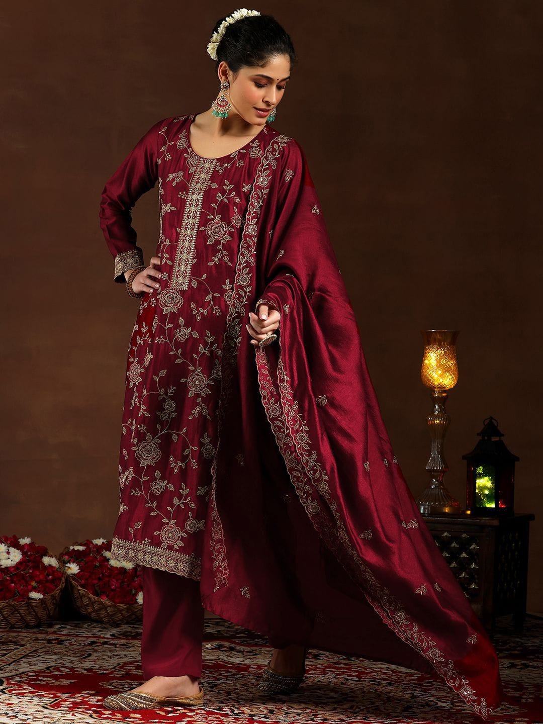 Maroon Vichitra Silk Kurta Set with Elegant Embroidery Work for Women