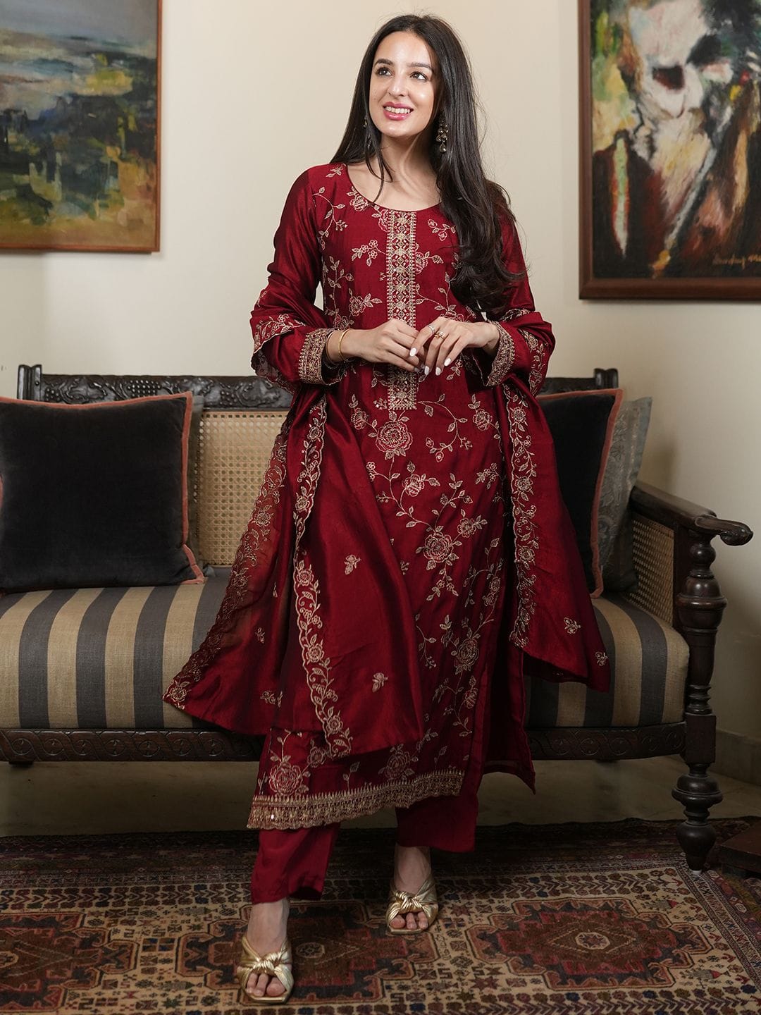 Maroon Vichitra Silk Kurta Set with Elegant Embroidery Work for Women