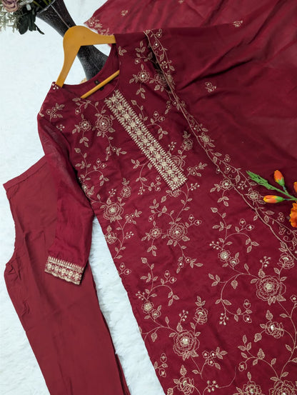 Maroon Vichitra Silk Kurta Set with Elegant Embroidery Work for Women