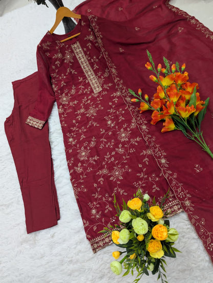 Maroon Vichitra Silk Kurta Set with Elegant Embroidery Work for Women