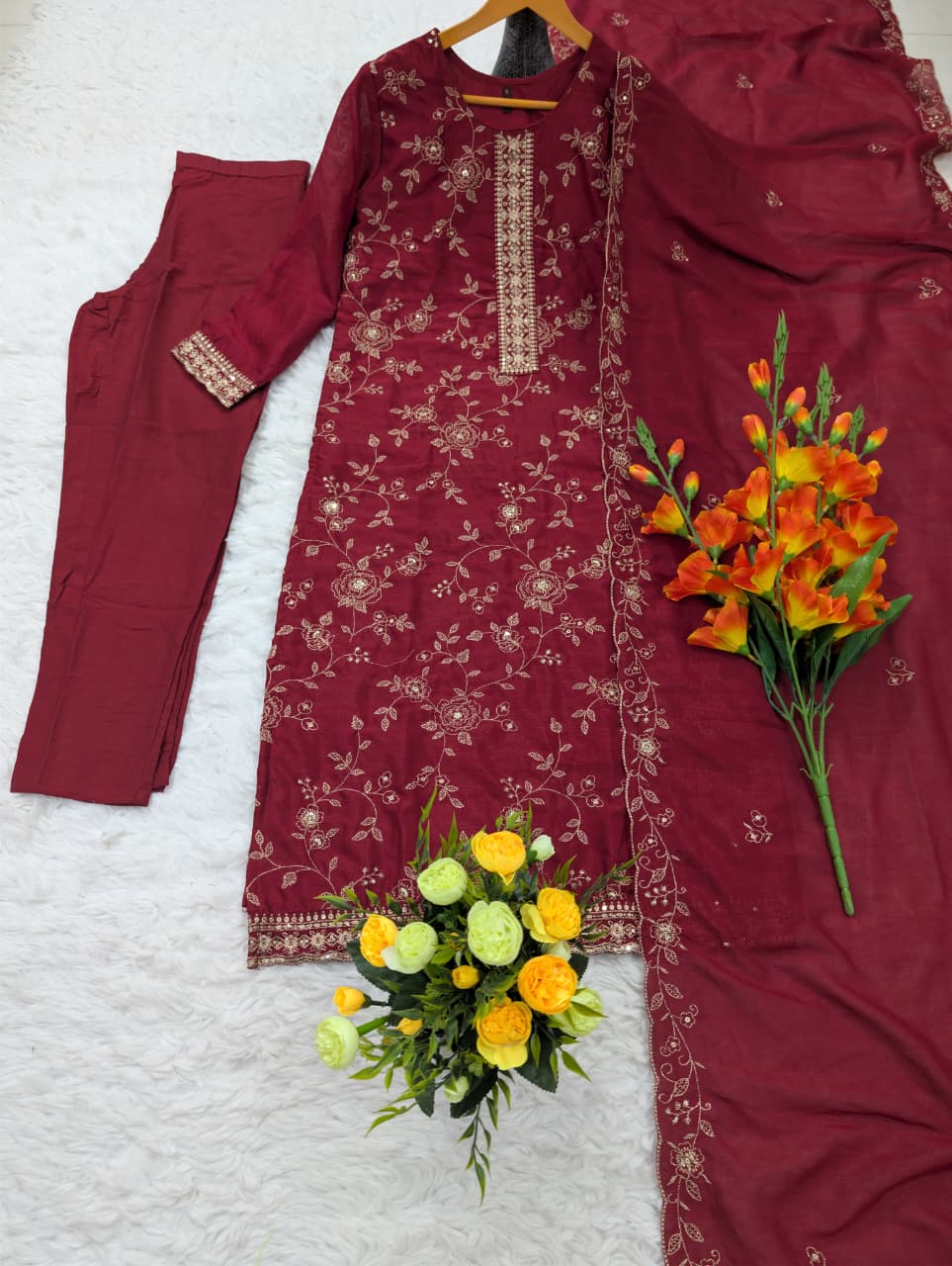Maroon Vichitra Silk Kurta Set with Elegant Embroidery Work for Women
