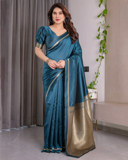 Teal Blue Banarasi Soft Silk Saree With Elegant Zari Border 2
