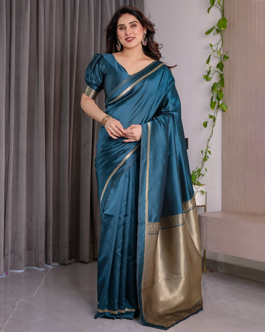 Teal Blue Banarasi Soft Silk Saree With Elegant Zari Border 2