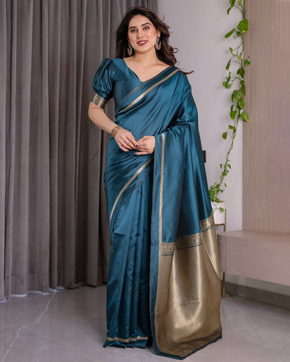 Teal Blue Banarasi Soft Silk Saree With Elegant Zari Border 2