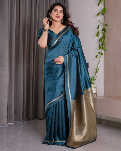 Teal Blue Banarasi Soft Silk Saree With Elegant Zari Border 2