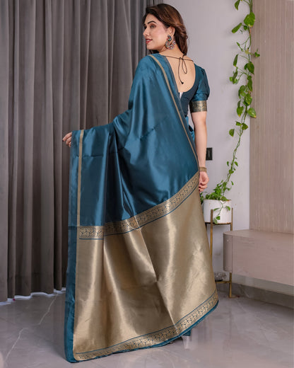 Teal Blue Banarasi Soft Silk Saree With Elegant Zari Border 2
