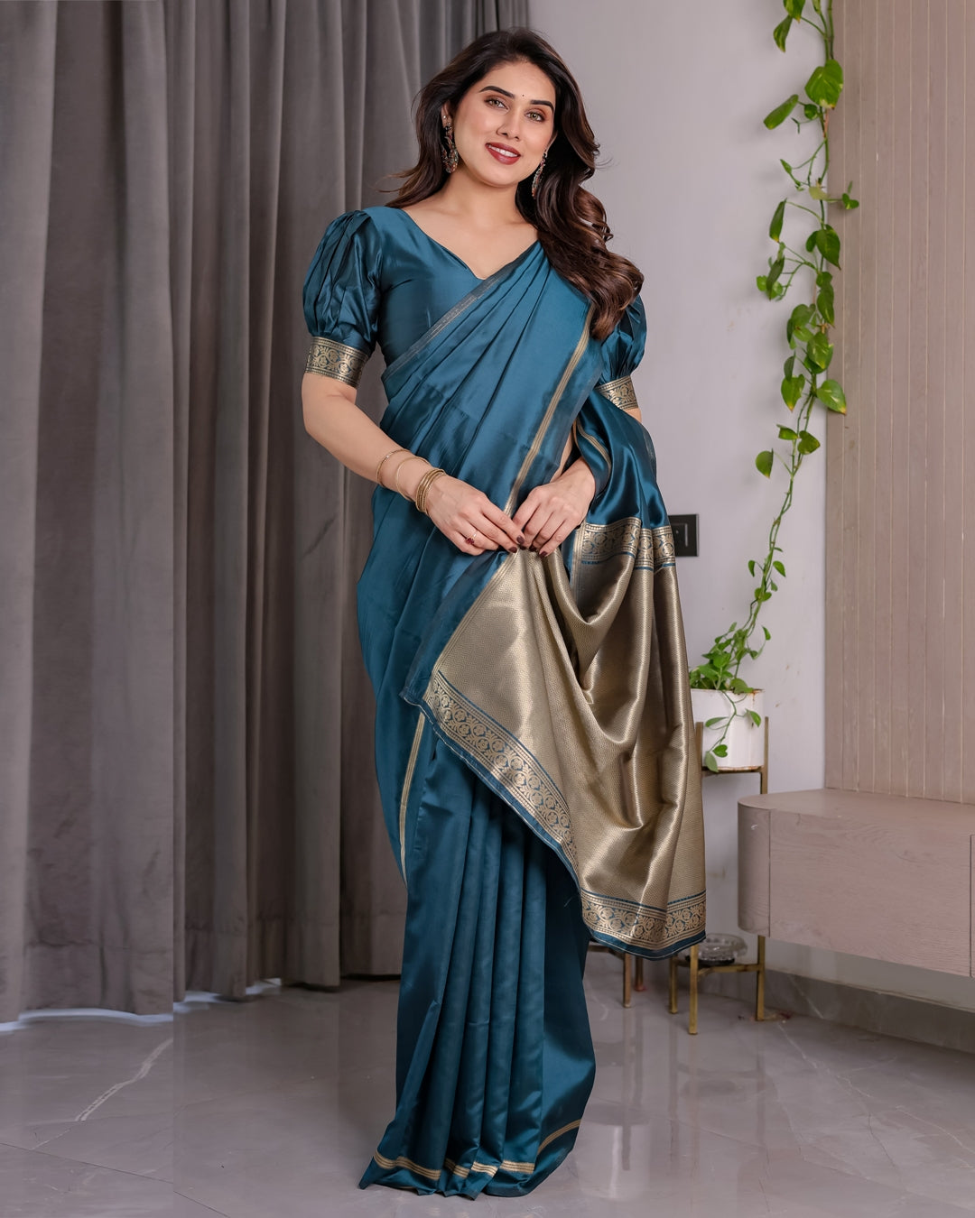 Teal Blue Banarasi Soft Silk Saree With Elegant Zari Border 2