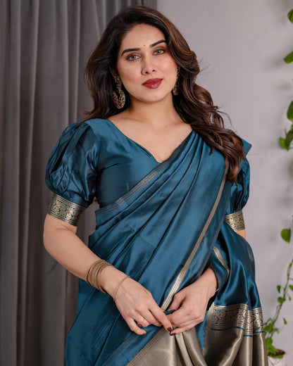 Teal Blue Banarasi Soft Silk Saree With Elegant Zari Border 2