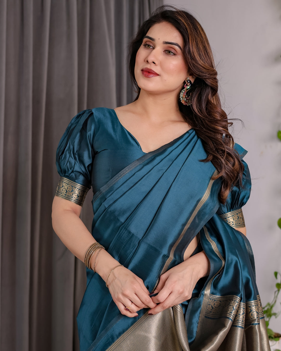 Teal Blue Banarasi Soft Silk Saree With Elegant Zari Border 2